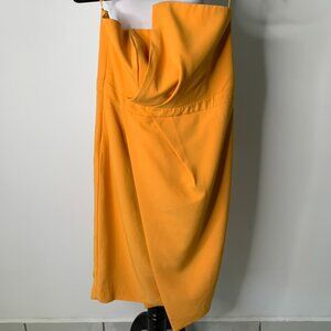 Strapless Gold-Orange Midi Dress with Draped Bodice